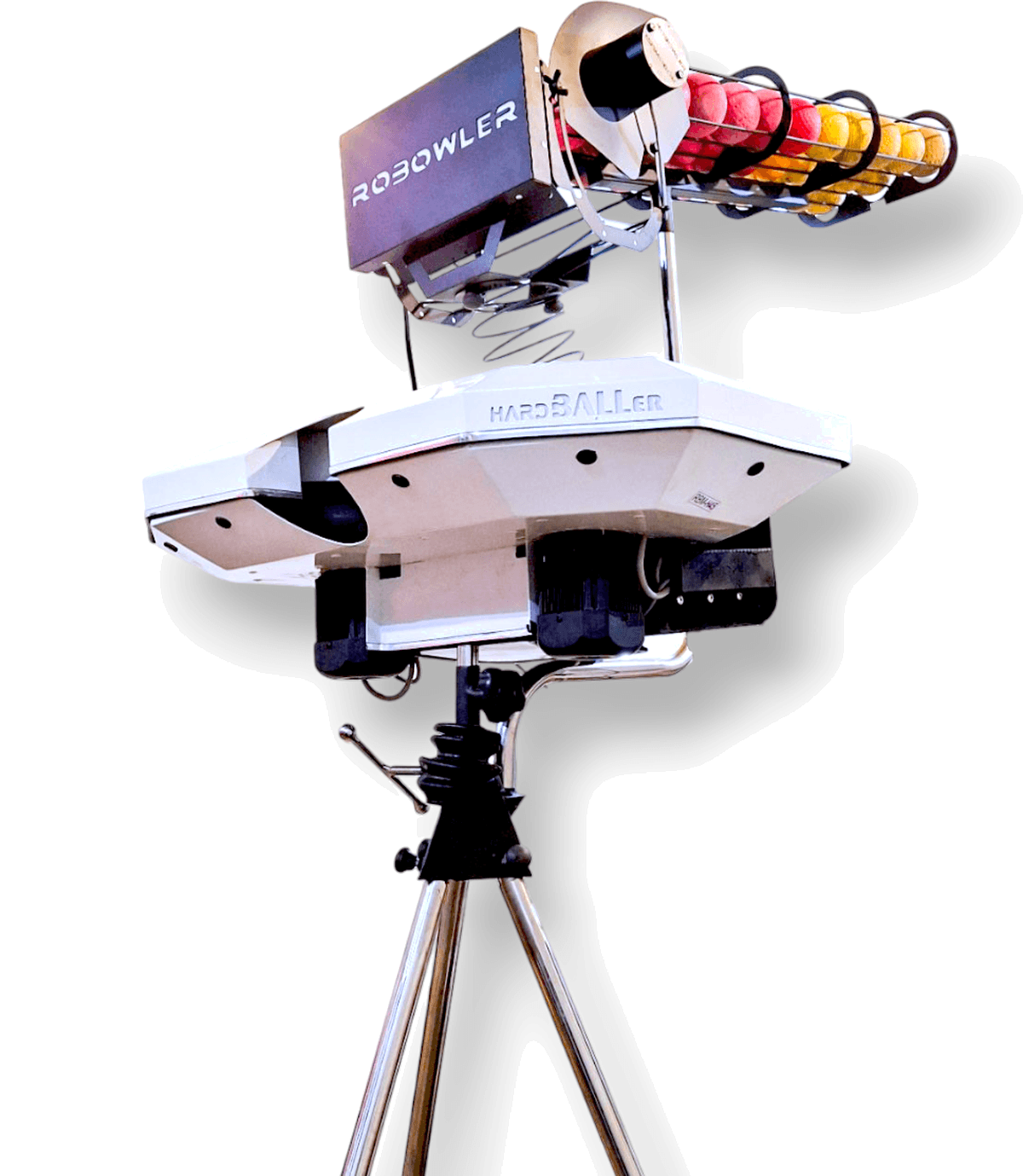 Robowler Hard Baller cricket bowling machine on a chrome tripod with a loaded thirty-ball feeder